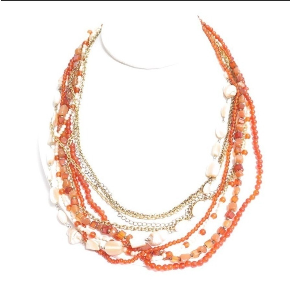 Beautiful multi-layered 8 row orange amber glass mop necklace‎